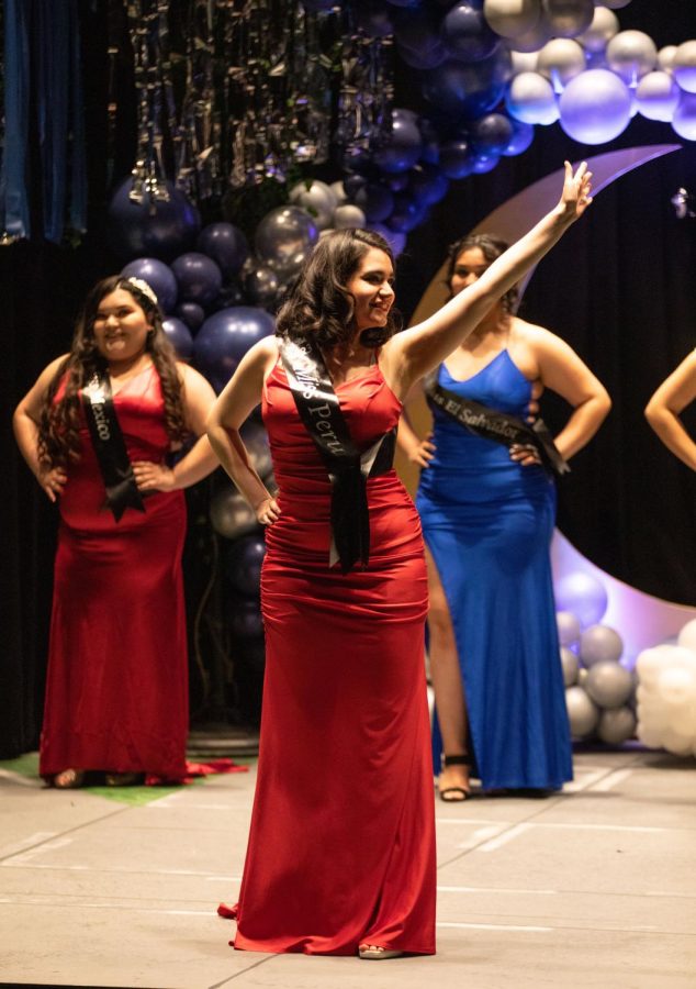 Miss Peru Jessica Ramirez waves to the audience during the Miss Latinoamérica pageant hosted by OLAS in the Spartan Auditorium on Friday, April 14, 2023. 