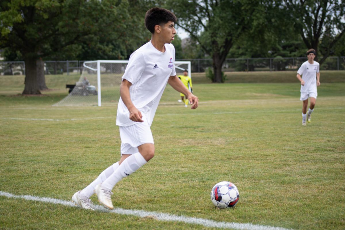 Defender Ruben Guadalajara (20) drives the ball up the side line on Sept. 7, 2023. As of Sept. 13, 2023, the Mens Spartan Soccer team is 2-4.