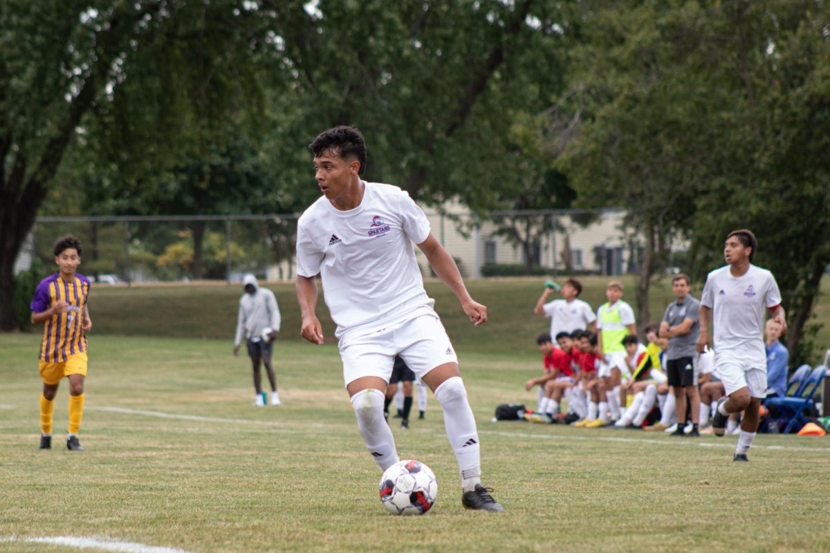 Midfielder Joel Gutierrez (7) looks around for a pass on Sept. 7. 2023. As of Sept. 13, 2023, the Mens Spartan Soccer team is 2-4.