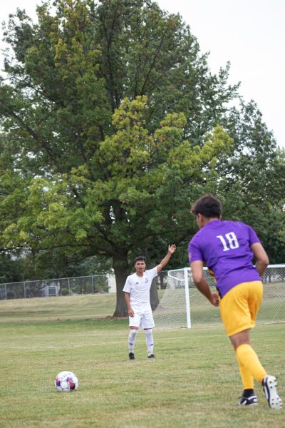 Midfielder Joel Gutierrez (7) signals the penalty kick to his other teammates on Sept. 7, 2023. As of Sept. 13, 2023, the Mens Spartan Soccer team is 2-4.