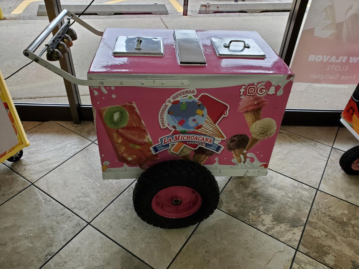 La Michoacana. 559 N. McLean Blvd Elgin, IL 60123. October 5, 2023. This is one of their two ice cream carts displayed at this location. 