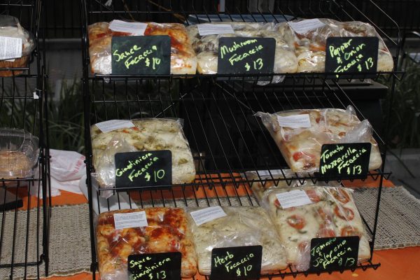 A close up on all the delicious variety of focaccia bread on display from Linner Bakerys table at the Elgin Farmers Market on Oct 6, 2023.