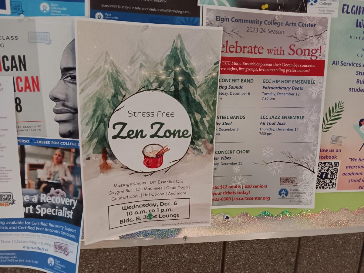 A Zen Zone flyer in Building F on Dec. 6, 2023. Activities at the Stress-Free Zen Zone event included massage chairs, DIY essential oils, hot cocoa and comfort dogs amongst other stress-releasers. 
