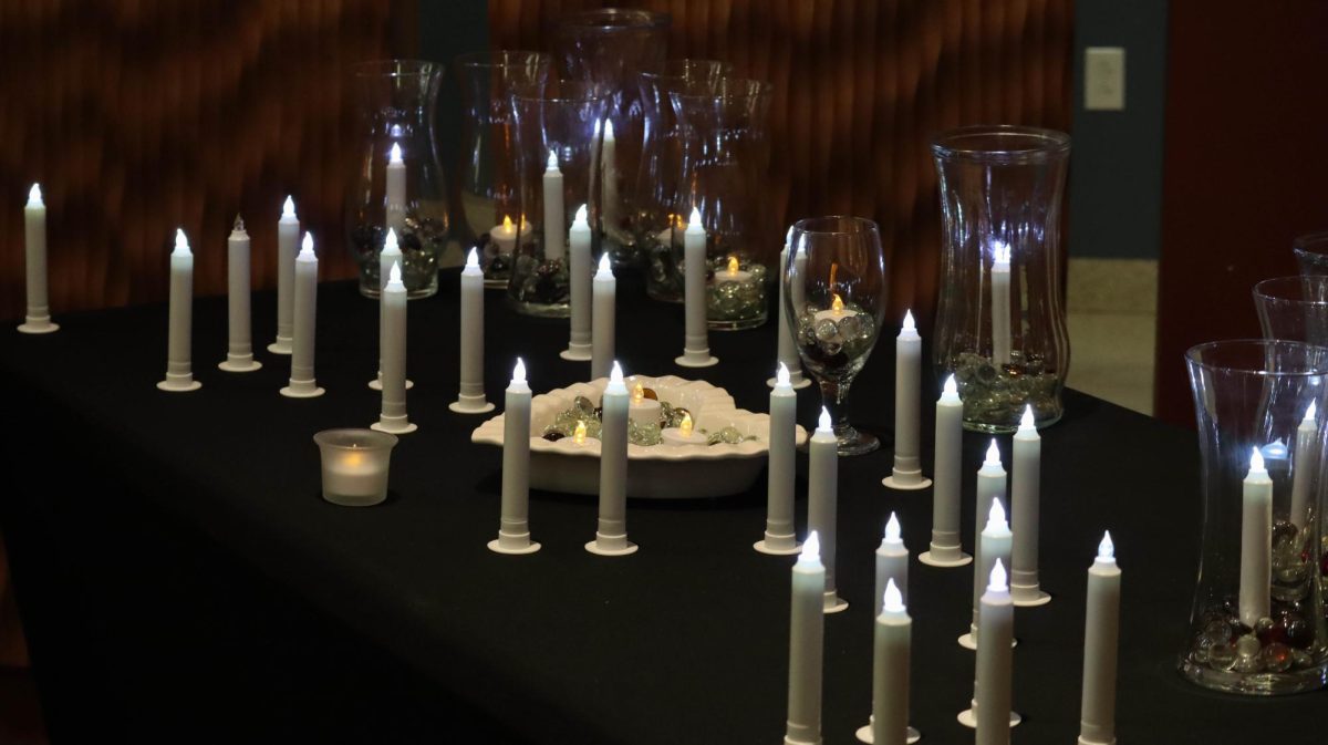 LED candles were placed on a vigil in the Jobe lounge at the end of the event at the Candlelight Vigil for Palestine event in the Jobe Lounge on Nov. 29, 2023.