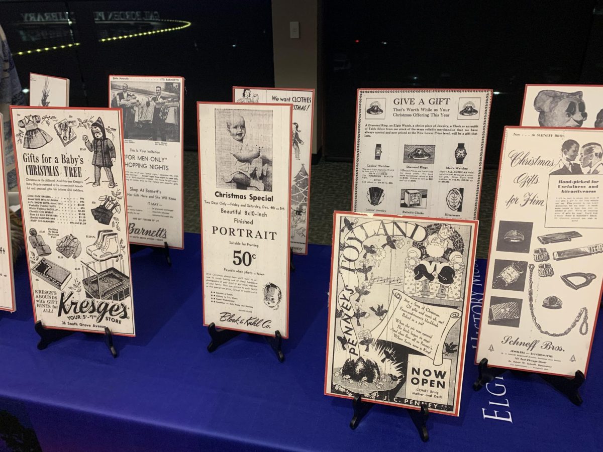 Several vintage advertisements collected by Linda Rock and her husband, Jeff White, were displayed at the event on Nov. 30.