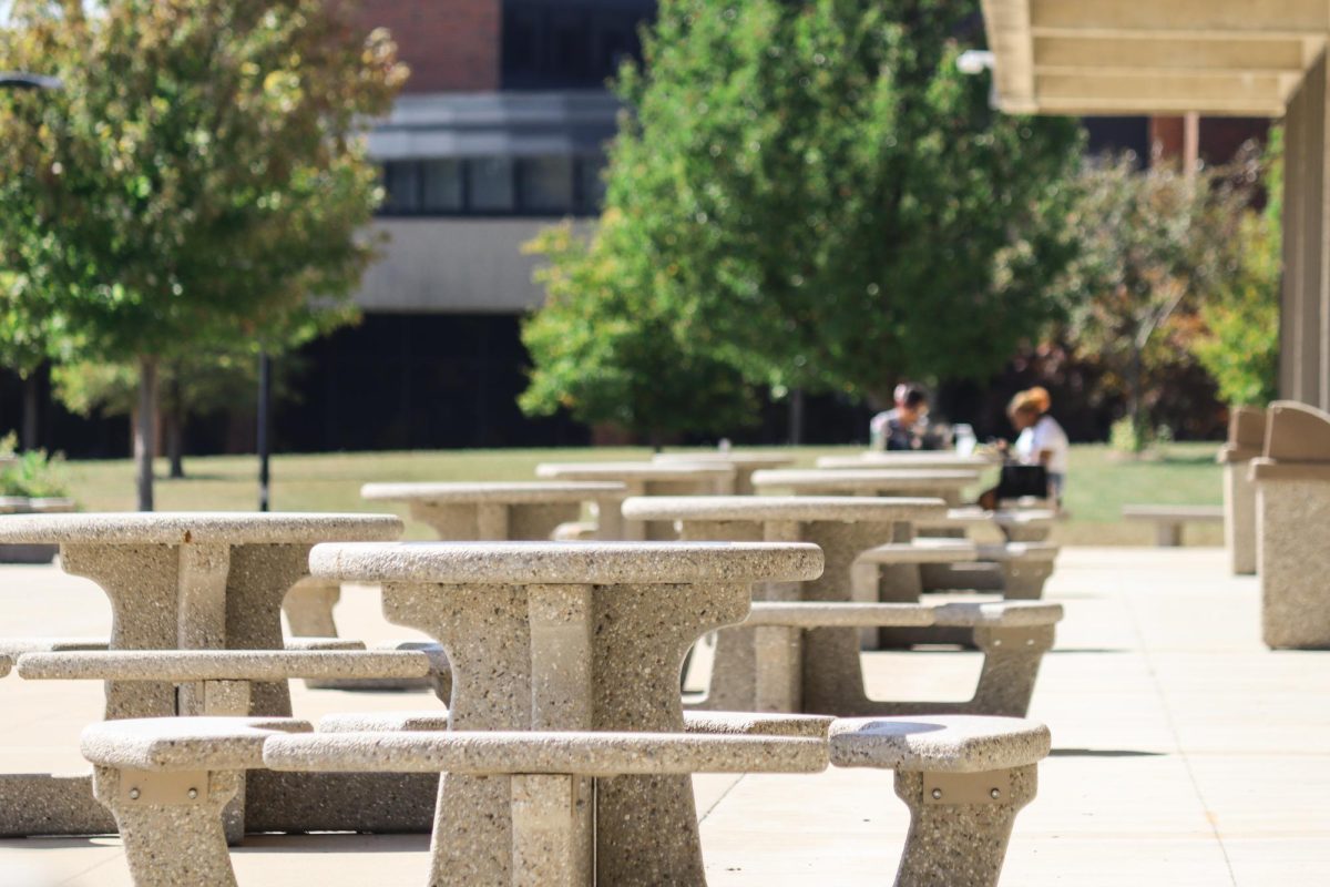 Stone tables near the pond outside of Building B on September 16, 2025. These tables are utilized by students and staff to study and socialize.
