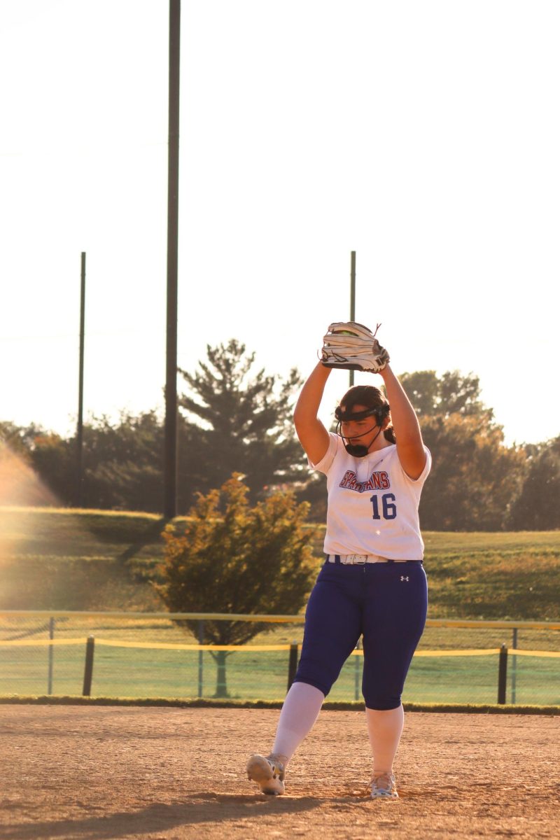 #16 Freshman, Montana Atchinson, prepares to pitch against the Harper College Hawks at the top of the fourth inning on September 17, 2025.