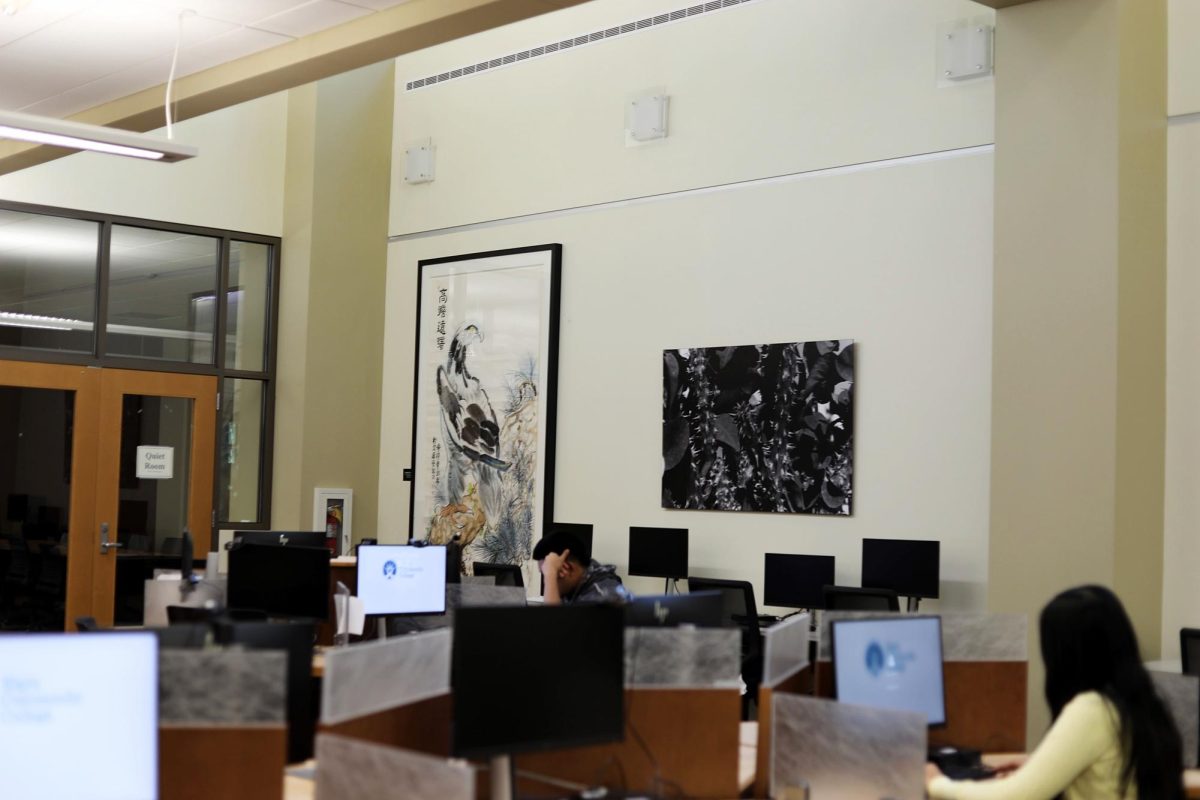 Locations of where art can be found around campus: Robaya Tahreen and Jessy Severing studying at campus library's computer area with art prints around them on September 4th, 2025.