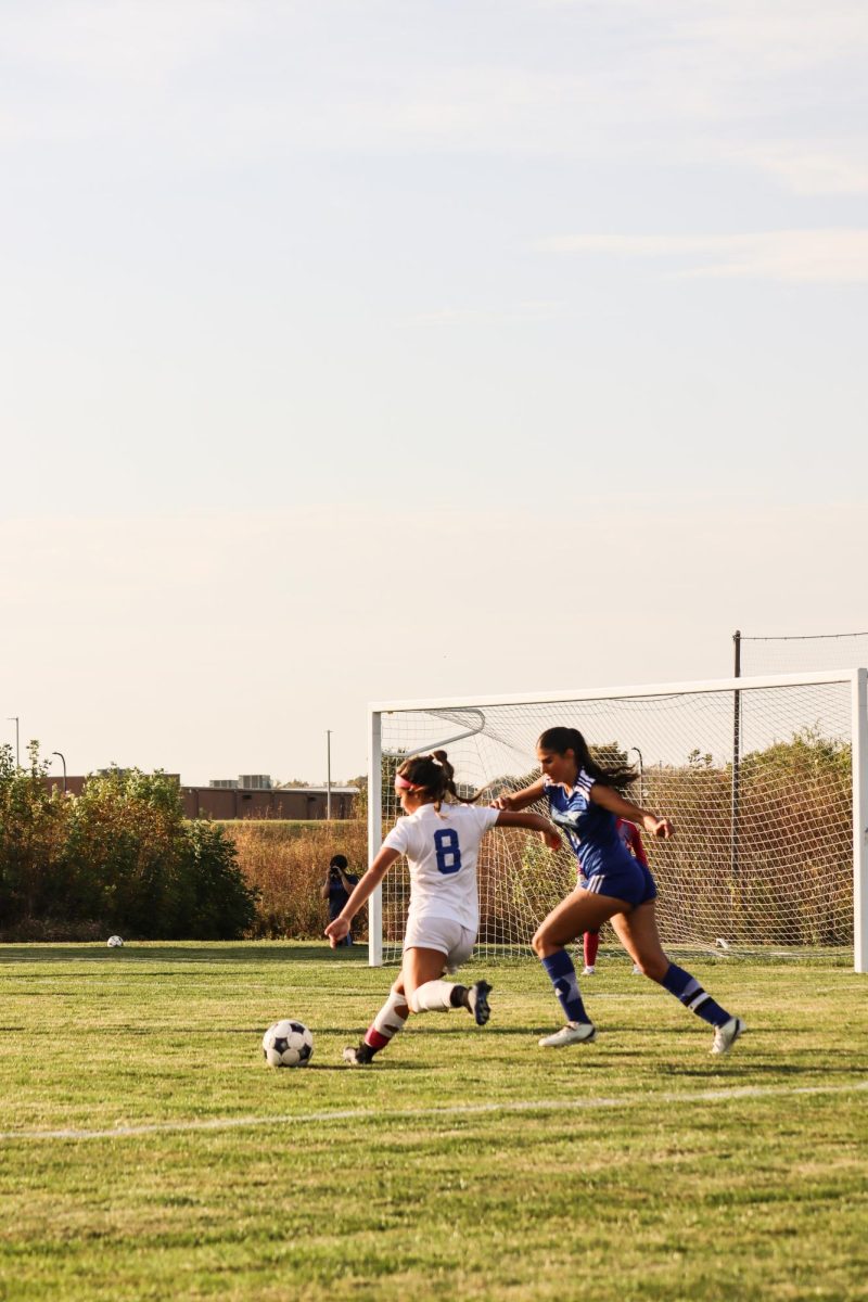 Sophomore midfielder, Elena Carlos, scoring her first of two goals against the Harper College Hawks. Carlos scored two out of the four goals bringing the Spartans to their 4-0 win during their Sophomore Recognition game on October 17, 2025.