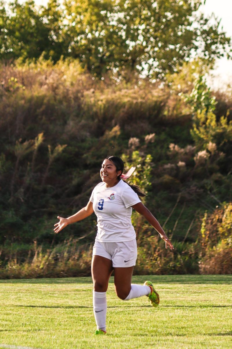 Adrianely Galicia, a sophomore midfielder, celebrating after scoring against the Harper Hawks, bringing the score to 2-0 in the first half. Galicia celebrated alongside her fellow sophomore teammates during the Sophomore Recognition game on October 17, 2025.