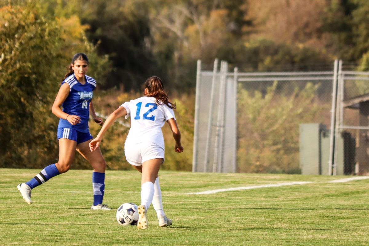 Number 12, Jacqueline Alvarez, getting ready to go against a defender from Harper College, on October 17, 2025.