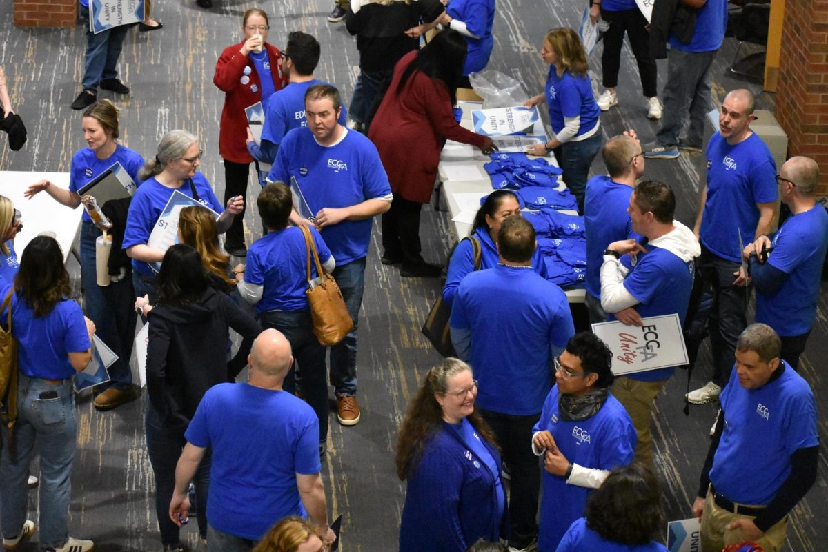 A large group of ECCFA members arrive to ECC's building H wearing matching blue t-shirts on January 8. 2026. 
