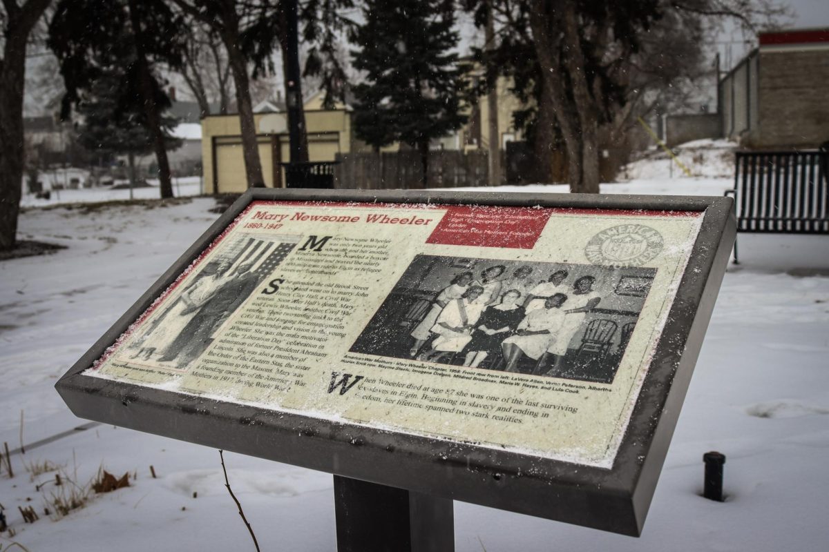 One of six signs in Newsome Park, Elgin, on January 30, 2026. This sign in particular is dedicated to Mary Newsome Wheeler, a founding member of the American War Mothers during World War I in 1917.