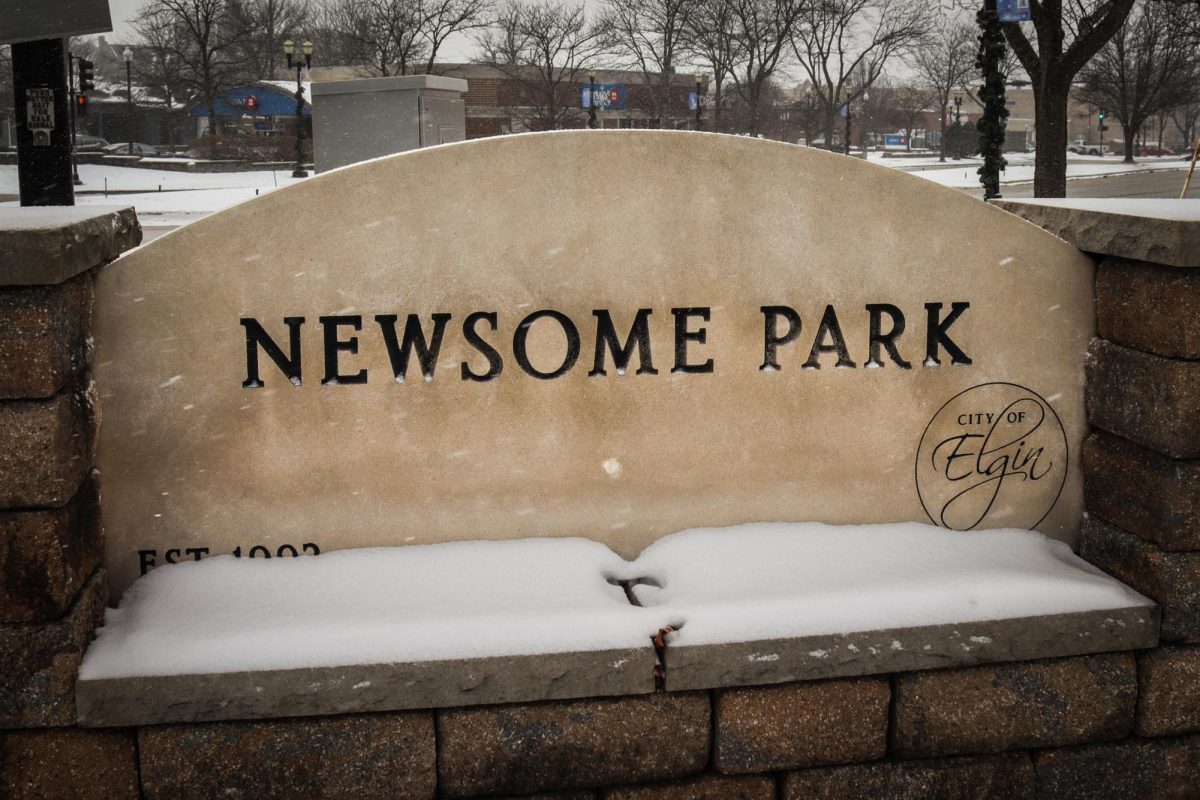 The Newsome Park landmark sign standing on the corner of Dundee Avenue and Kimball Street in Elgin on Jan. 30, 2026. Newsome Park is located on the site of the old Second Baptist Church, where about 125 escaped slaves from Alabama sought refuge during the Civil War. The same refugees later on became the heart and soul of the African-American community of Elgin. 