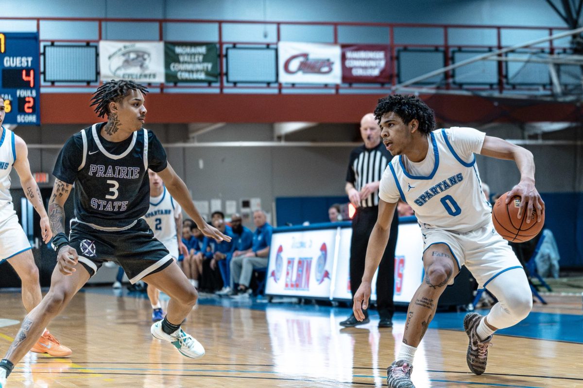 Guard Davee Flowers creates space against a Prairie State College player at home, on January 29, 2026. Flowers followed up his 1,000th career point game with a pair of high-scoring home games, scoring a team-high 33 points in this game.