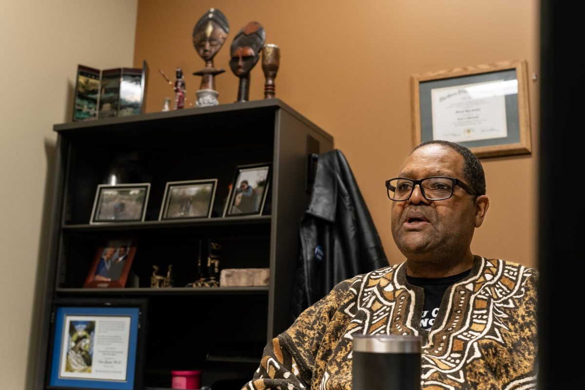 History professor, Vincent Gaddis, speaks on the importance of keeping and embracing Black History Month, on Feb. 11, 2026. Throughout Gaddis's office, it is adorned with mementos and figures that have been emblematic of his life and experiences.