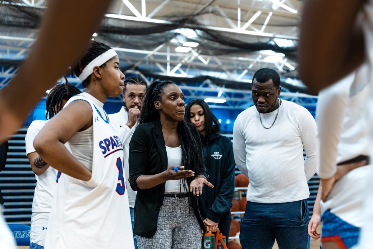 Coach Eumeka Aguado emphasizes getting back on defense after turnovers or missed shots, on Feb. 12, 2026. Aguado has steadily improved the team throughout her tenure, winning five more regular-season games than in the 2023-2024 season.