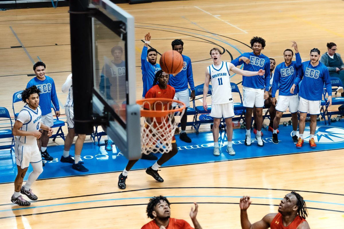 The Spartan bench are ready to celebrate the 3-point basket as the players extend a double-digit lead over Waubonsee Community College, on February 12, 2026. The team made 34.4% of their 3-pointers, while also limiting the opposing team to 26.9%