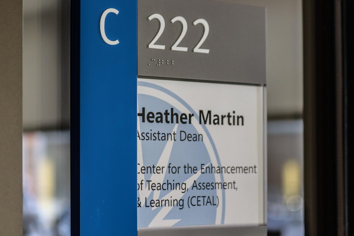 Nameplate of Heather Martin's office, on February 4, 2026. As the Assistant Dean for CETAL, Martin leads workshops and events for ECC faculty to improve teaching quality across campus.