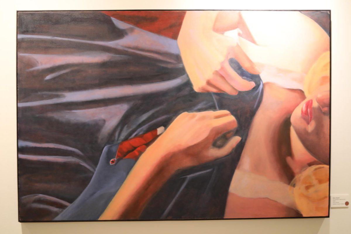 A painting of hands holding a blanket.
