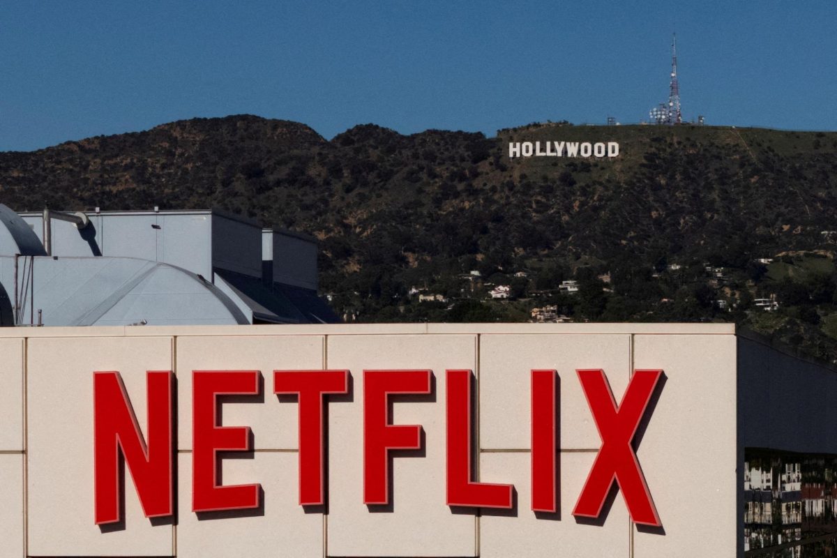 A drone view shows the Netflix logo on one of their buildings in the Hollywood neighborhood of Los Angeles, California, December 8, 2025. REUTERS/Daniel Cole