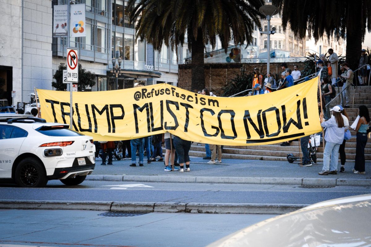 Protesters gathered at Union Square, San Francisco, denouncing the Trump administrations attacks on Iran on Mar. 8th, 2026. The organization, RefuseFascism, was founded in 2016, following the first election of Donald Trump.
