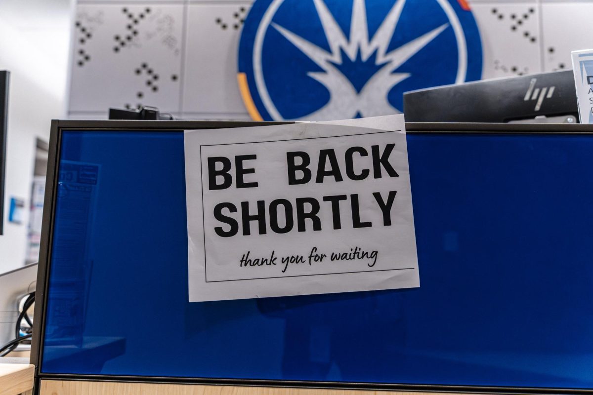 A "Be Back Shortly" sign made by staff of the Student Access and Disability Services office, on Mar. 26th 2026. With some services not being available during night classes, night class students aren't open to many resources at their disposal.