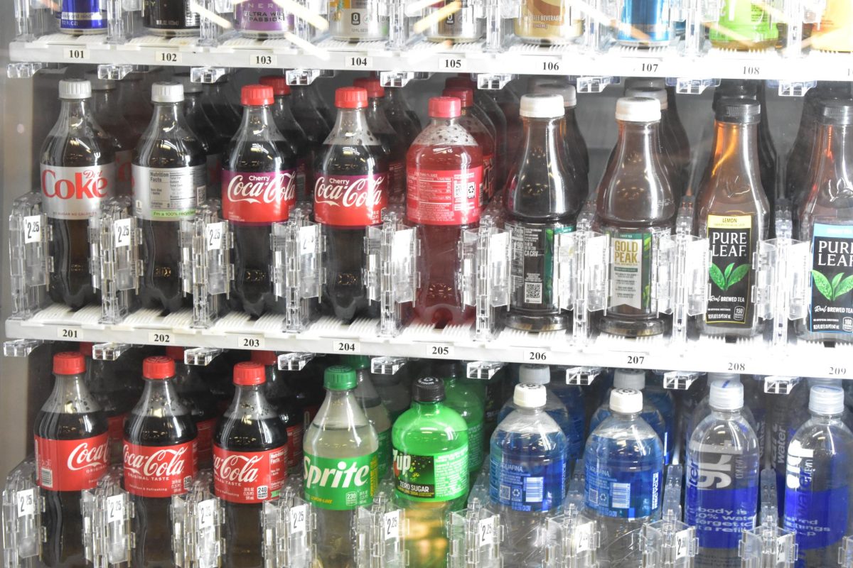 Rows of different kinds of drinks line a vending machine in building B on Mar. 23, 2026. The machine had recently been restocked, and was completely filled.