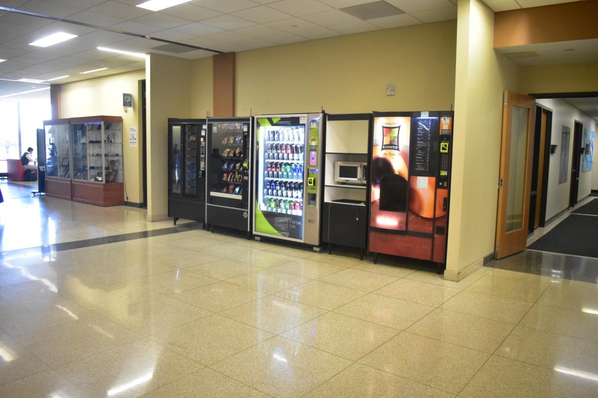 A row of vending machines line the wall in building B on Mar. 23, 2026. The vending machines had a wide variety of items inside, ranging from chips, sweets, sodas, and coffee.