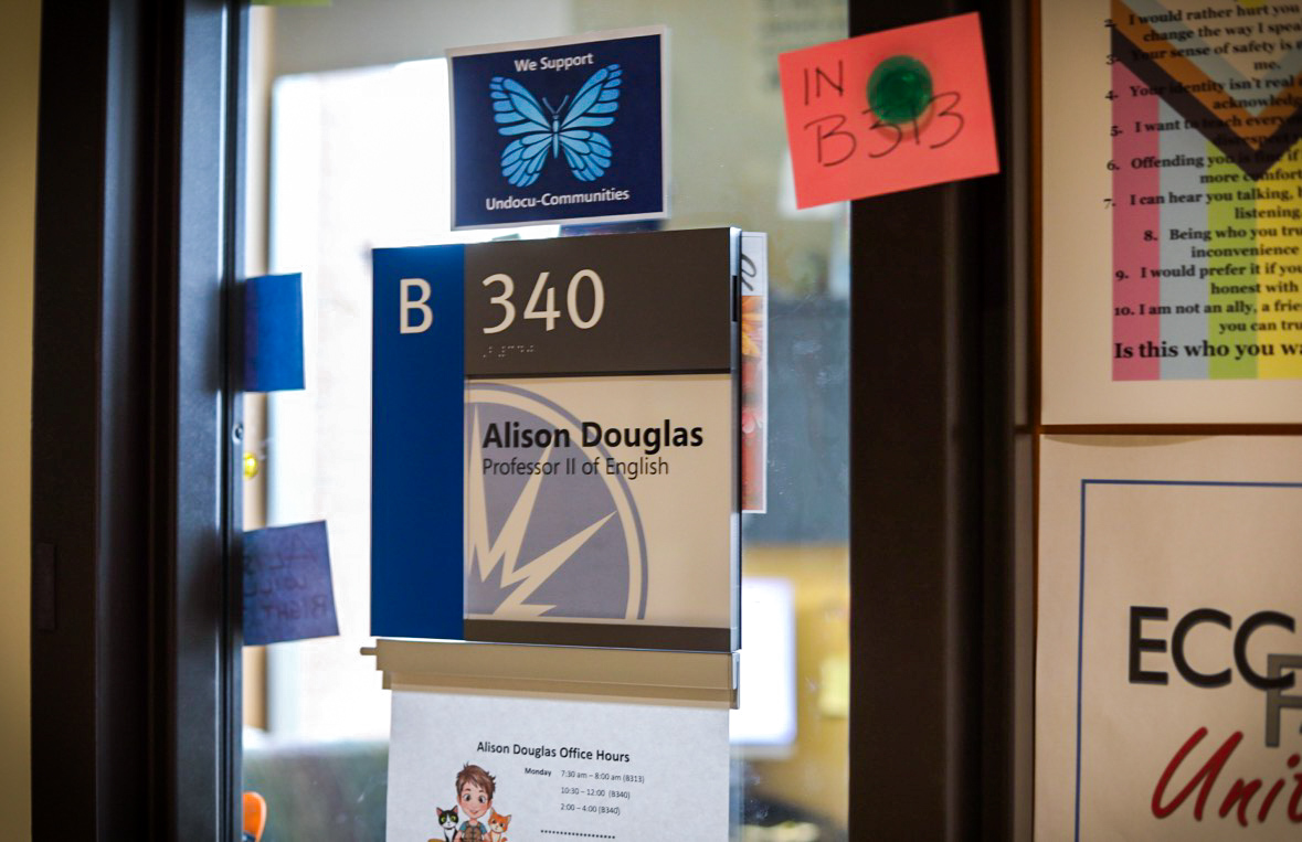 Alison Douglas' office. English professor and one of the volunteers to restock the mini food pantry located on the third floor of Building C at Elgin Community College.