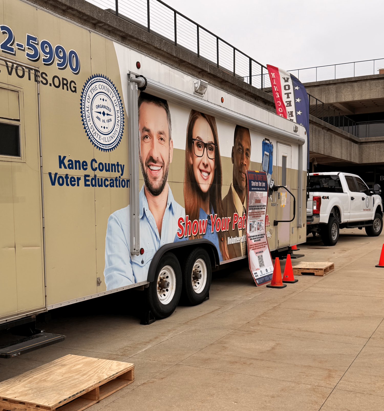 The side of the voting truck in front of building B on Mar. 10, 2026. The side was decorated with decals so that students would be more interested.