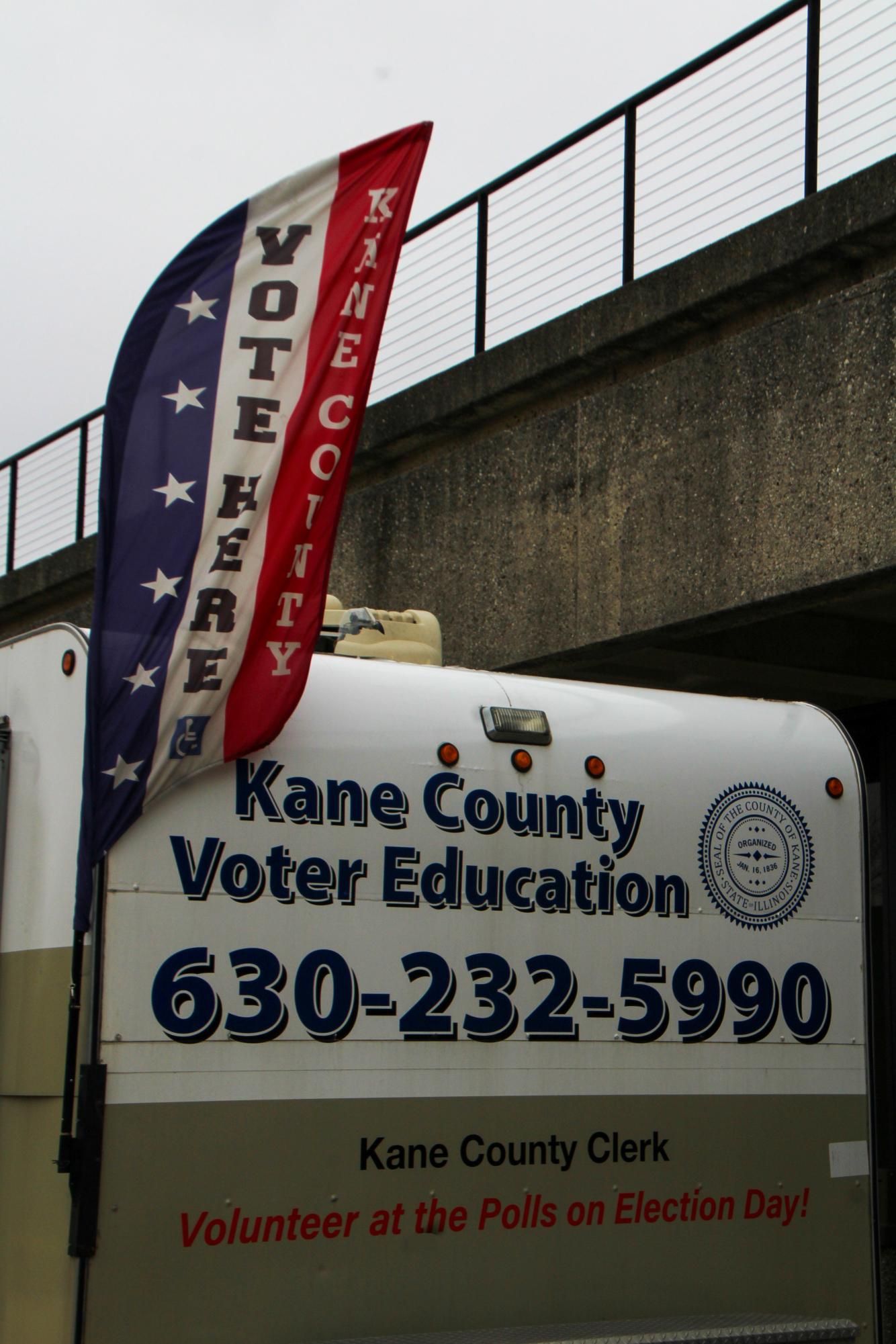A “Vote Here” flag is mounted on a Kane County voting truck parked outside Building B at Elgin Community College on Mar. 10, 2026. The truck allowed Kane County residents to cast ballots for the Illinois primary elections between 9 a.m. and 4 p.m.