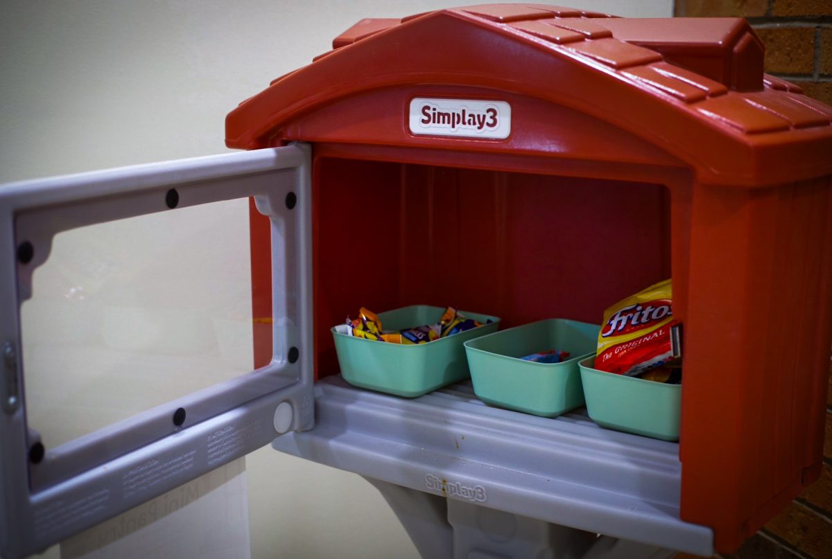 Mini food pantry ran by professors on the third floor of Building C at Elgin Community College, where students can donate and take snacks.