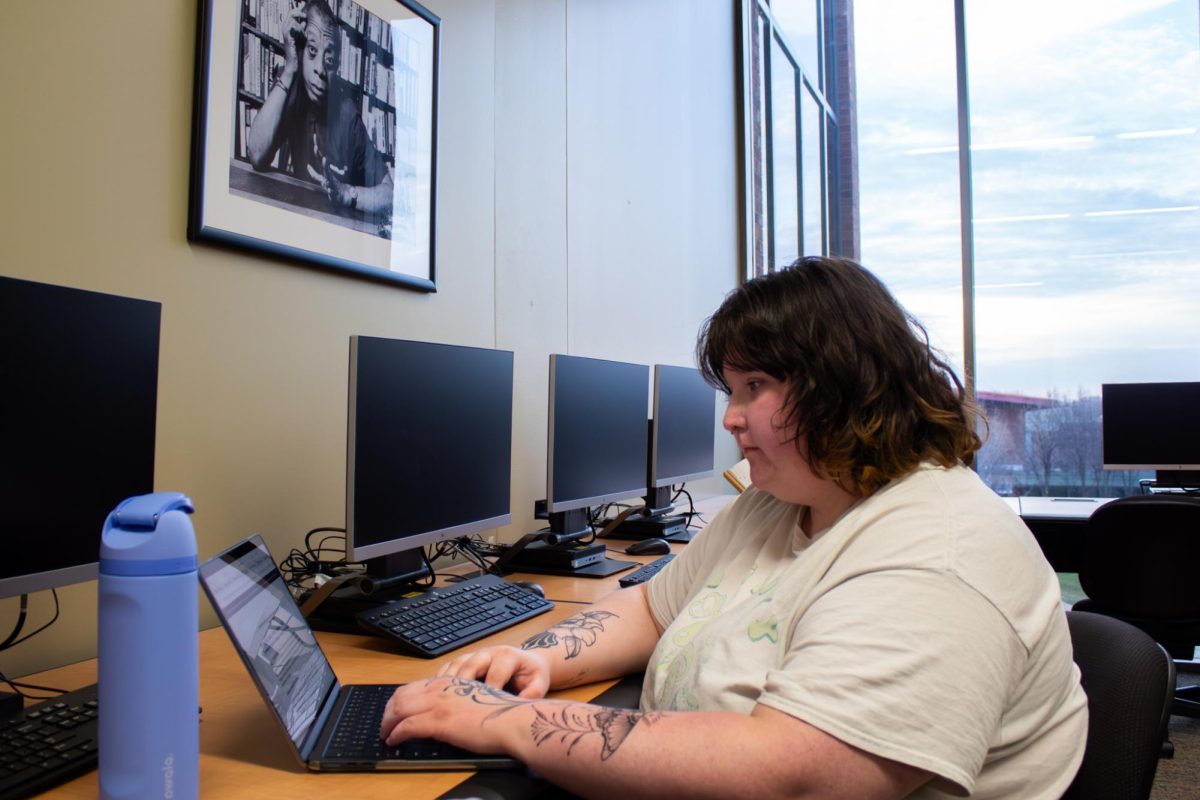 Taylor Picha, first term student at Elgin Community College during Dr. Gyimah’s English class on March 24, 2026. "I have a little bit more energy personally from my classes during the day." said Picha, noting that night classes are more quiet.