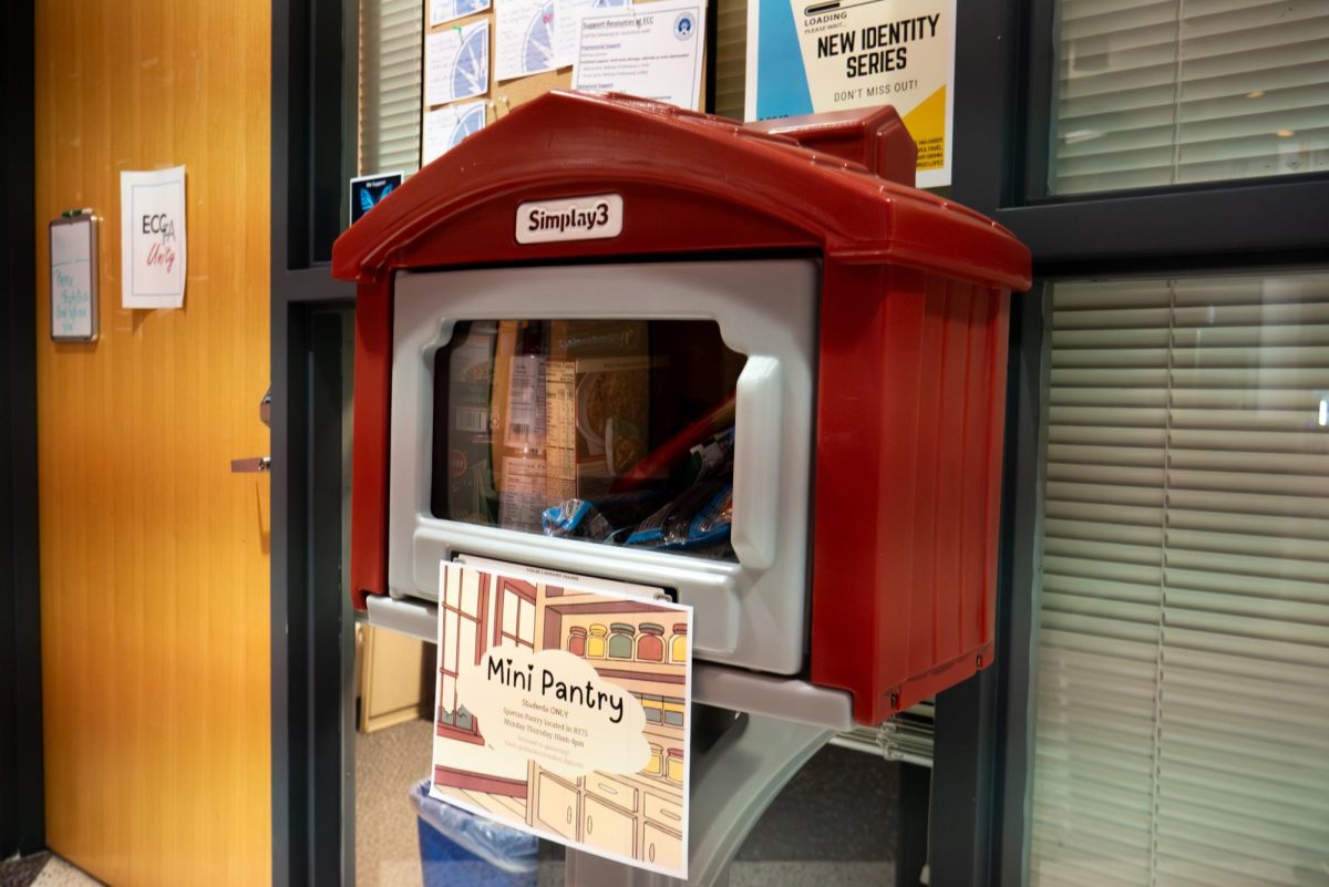 ECC’S mini pantry located in Building F on March 9, 2026. The mini pantries are stocked with snacks, canned goods, and sanitary items for students who can’t access Spartan Pantry’s business hours.