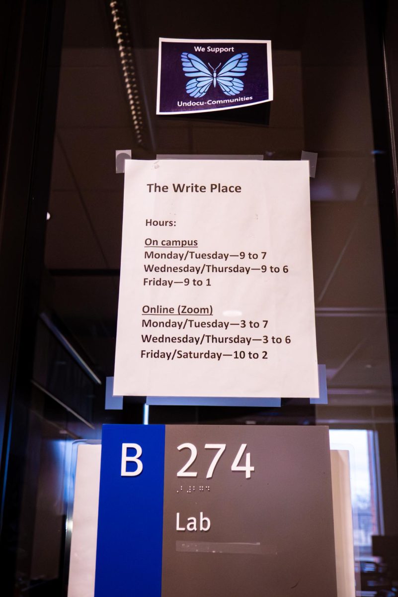 A sign displaying ECC's The Write Place current hours of operation on March 17, 2026. Students rely on The Write Place to get help with any writing support, though some may find it challenging visit during their regular hours.