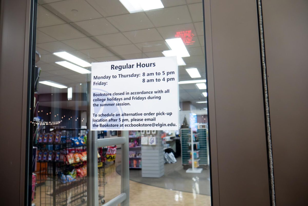 ECC's Bookstore, located in Building B, with hours displayed on March 17, 2026. Students rely on the bookstore for textbooks and class materials, making it challenging for some to reach the store during its opening hours due to their class and work schedules.