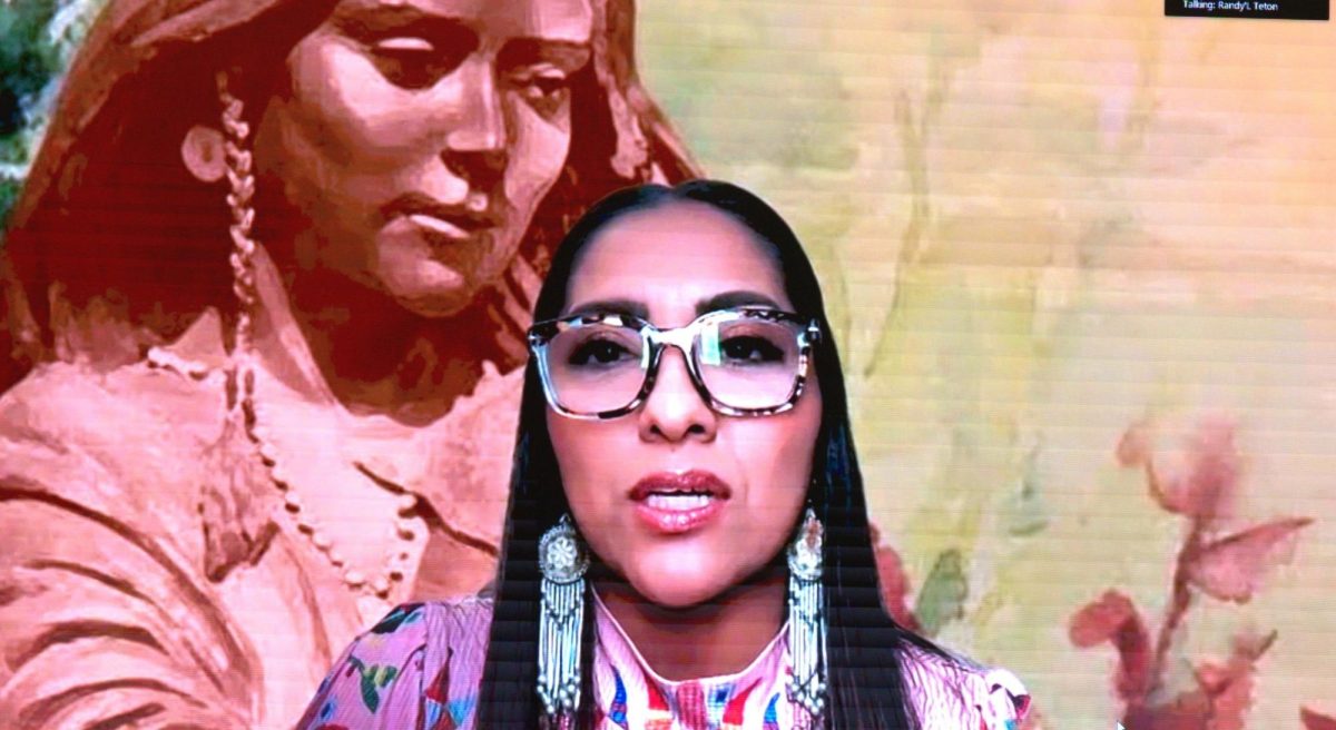 Speaker on zoom with Sacajawea background.