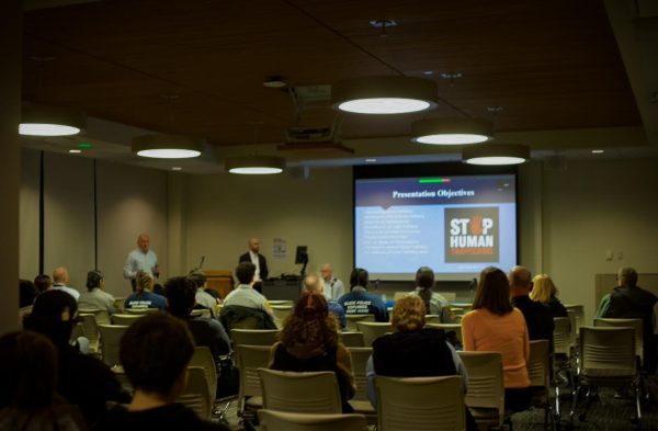 Brian Polikington speaking at Elgin Community College's human trafficking awareness event. 