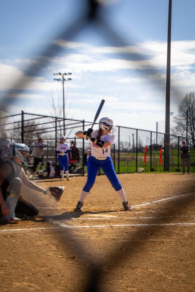Right fielder Zoe Kaler loads up in the box before an RBI double into centerfield in the top of the sixth against Oakton College on Apr. 8, 2026. Kaler also made a defensive impact, as she tracked down a deep fly ball near foul territory to save a run in the second inning.