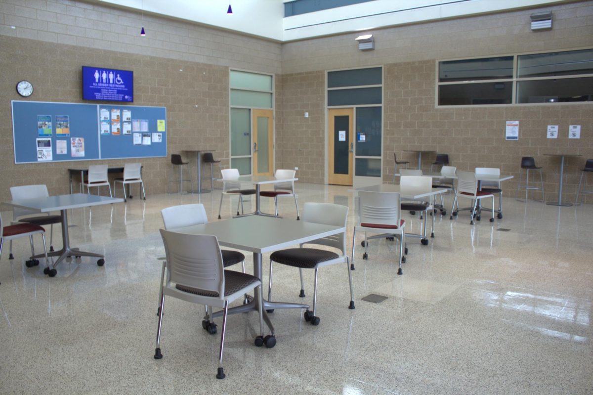 Empty chairs at empty tables.