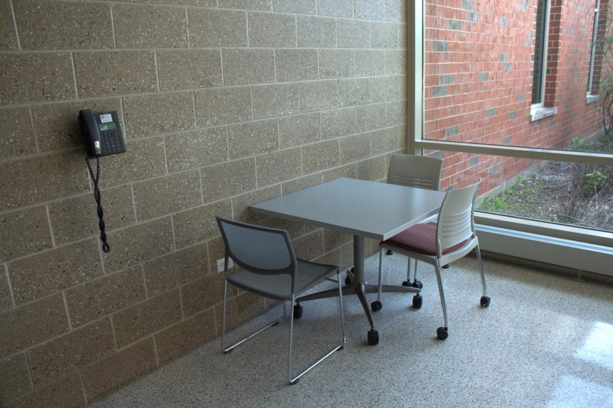An empty table with chairs.