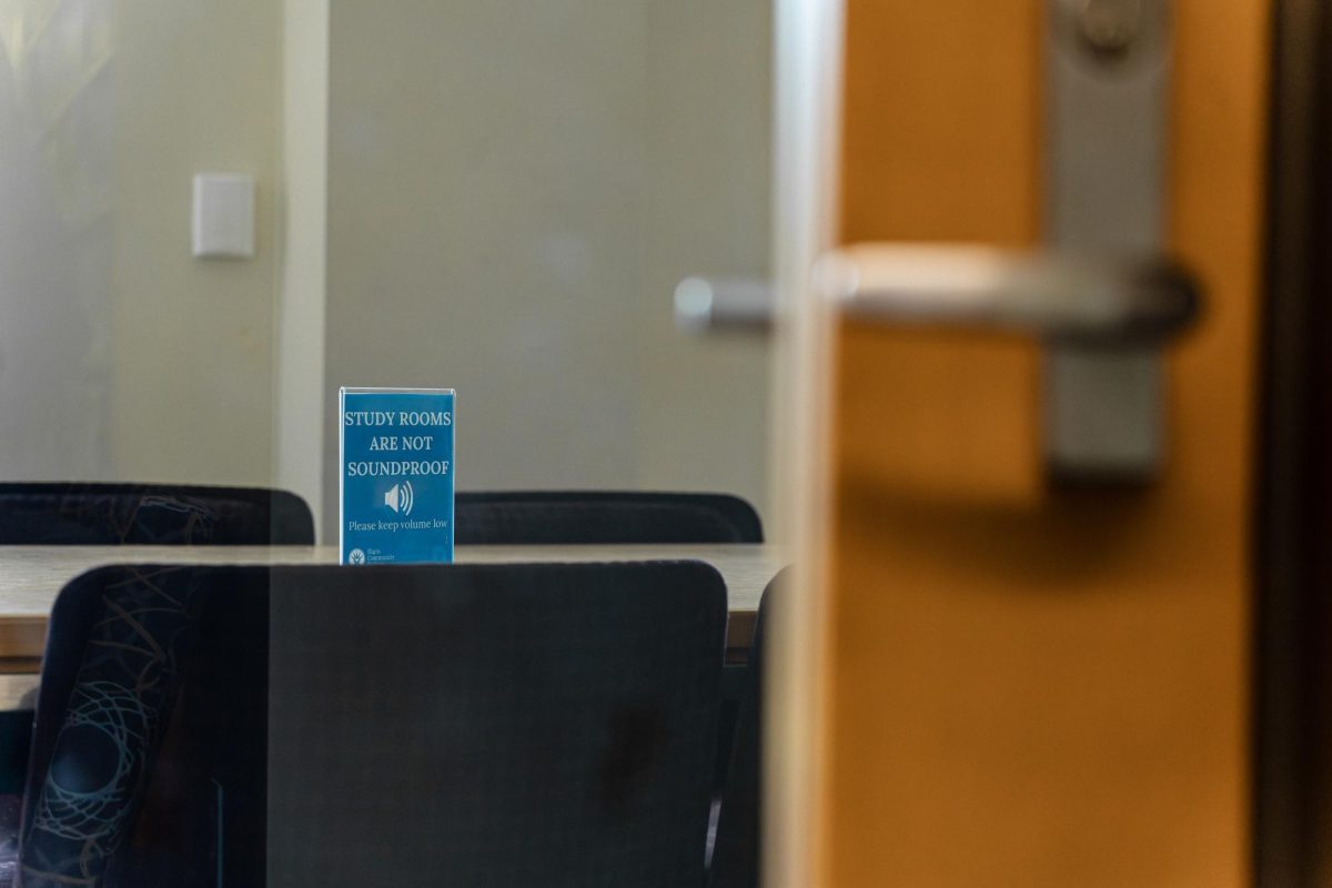 Signs addressing the volume control within study rooms are in every study room throughout the library, on May 5, 2026. With there being many hangout spots across campus, study rooms allow students to isolate from noisy and crowded areas.